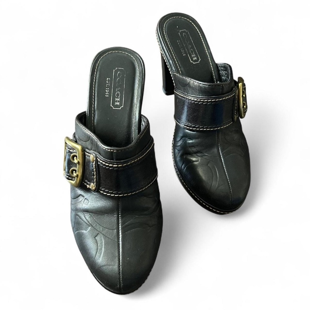 Black leather Coach clogs with gold buckle heels shoes  #glam #retro   Size 8